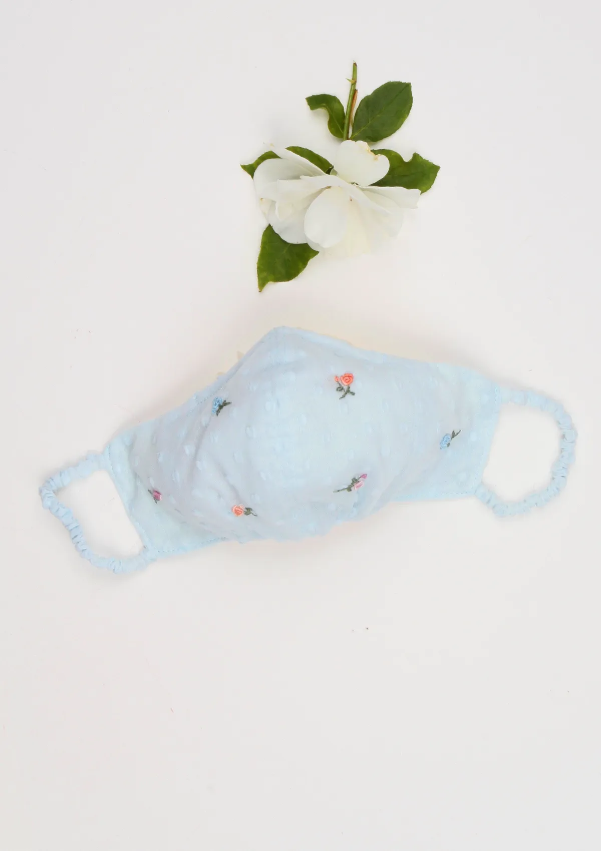 "Be Safe. Be Kind" Hand Embroidered Heirloom Mask - Scattered Roses, Swiss Dot, Powder Blue