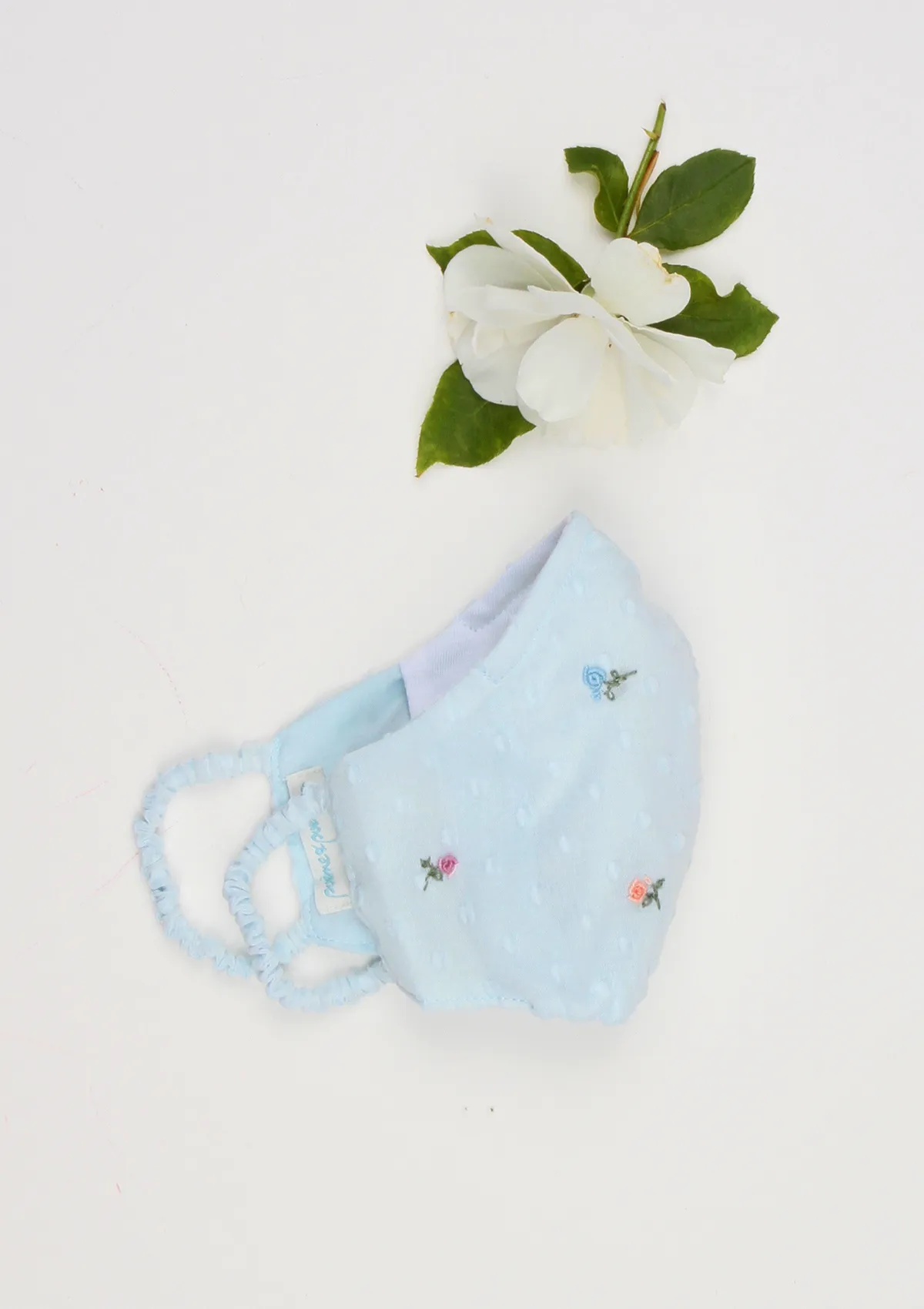 "Be Safe. Be Kind" Hand Embroidered Heirloom Mask - Scattered Roses, Swiss Dot, Powder Blue