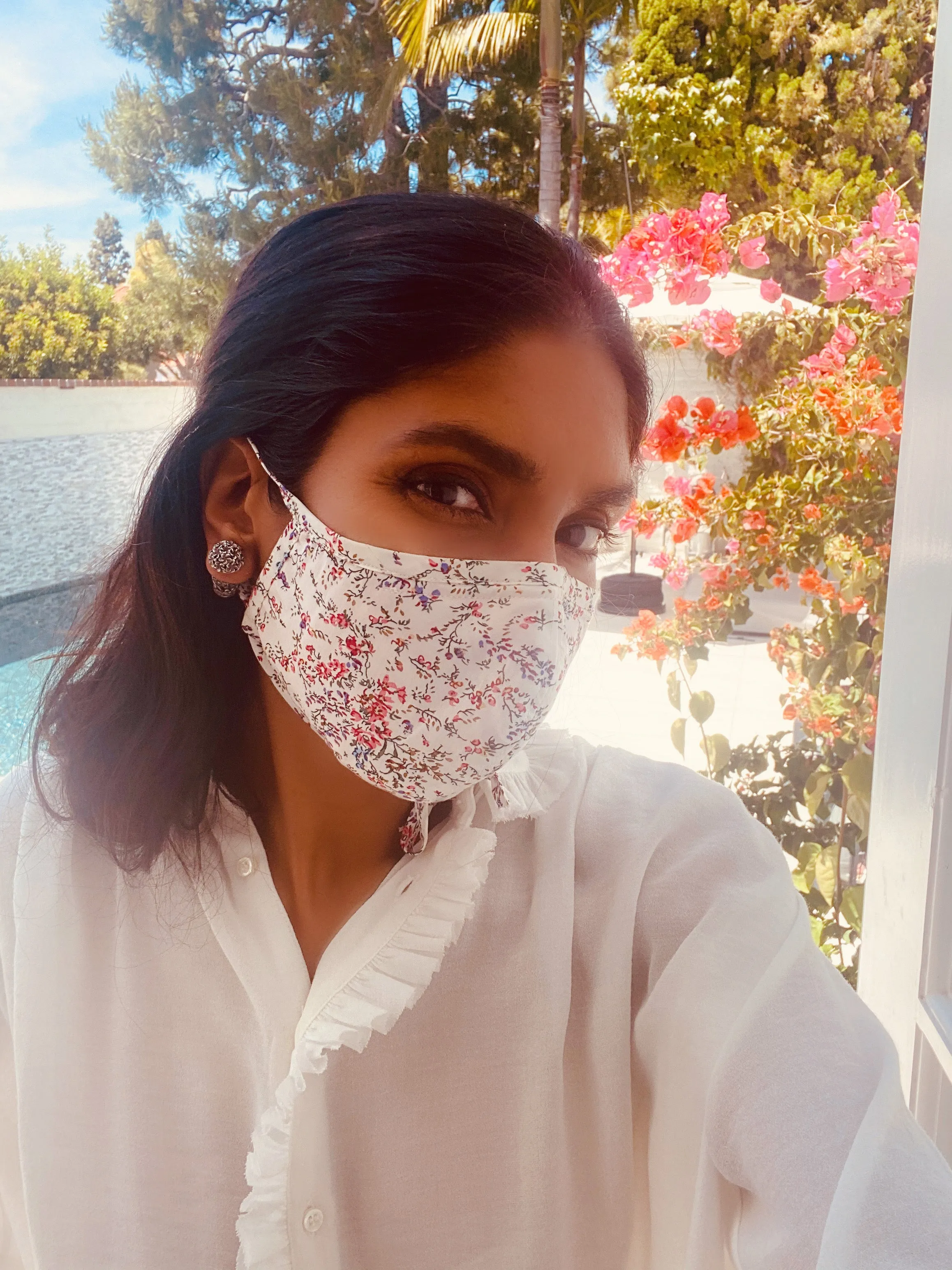 "Be Safe. Be Kind" Printed Heirloom Mask, Adjustable - Ivory Cherry Blossom