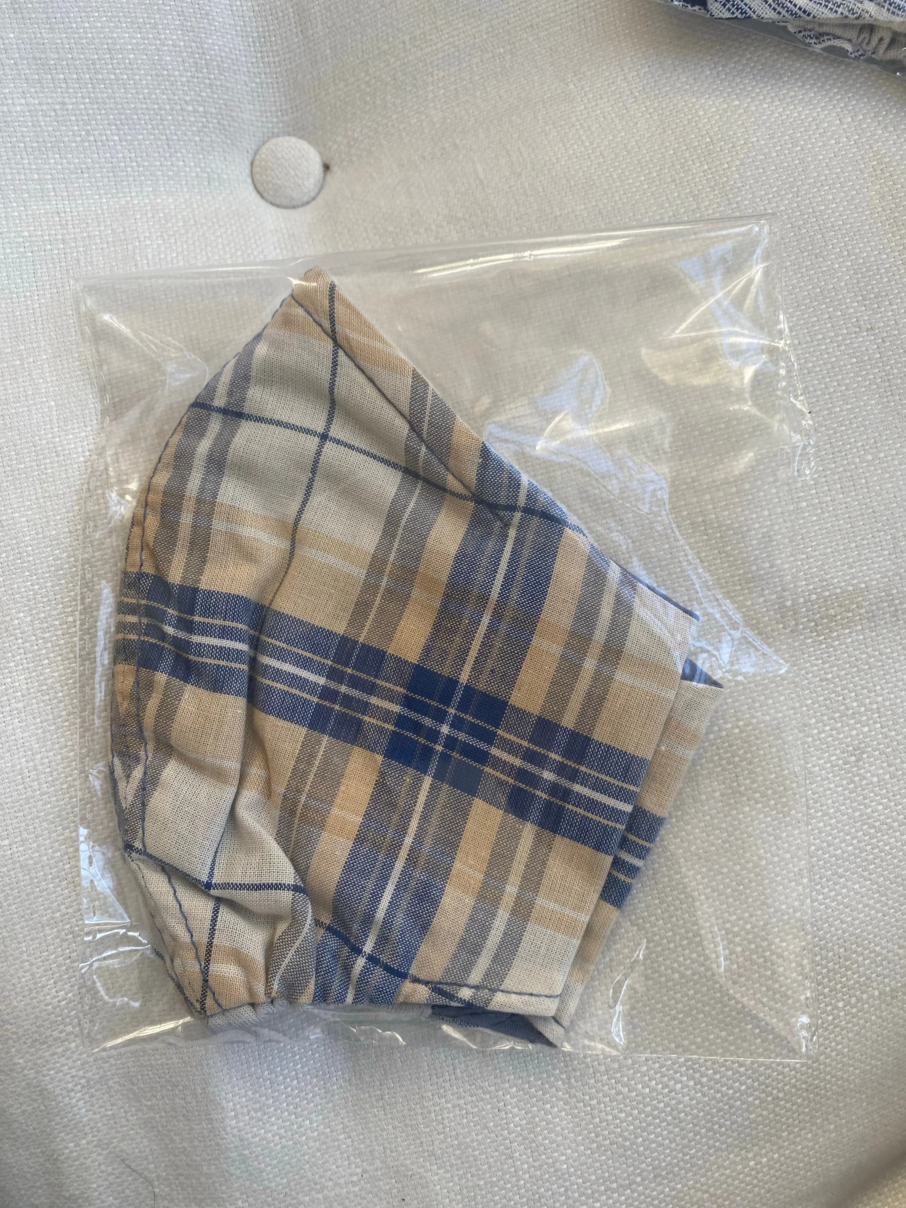"Be Safe. Be Kind" Printed Heirloom Mask - Blue & Tan Plaid