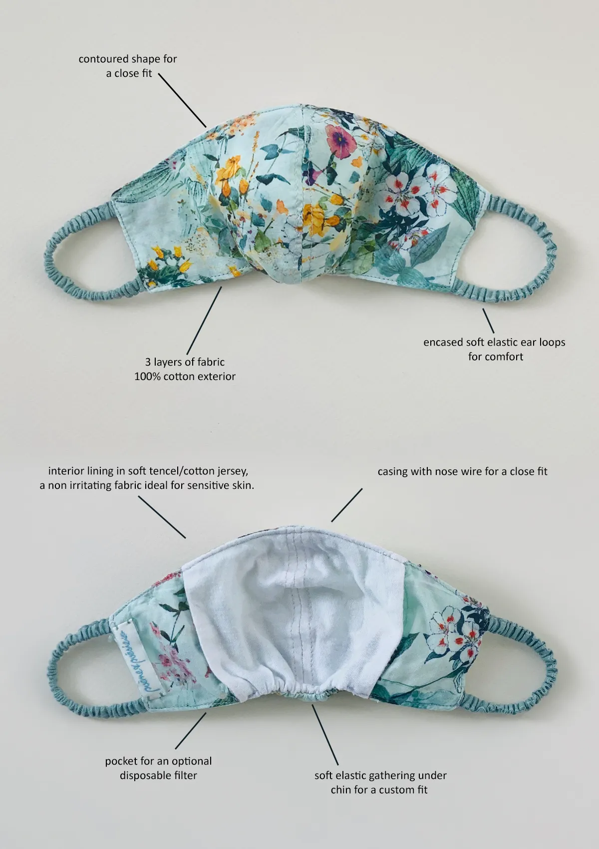 "Be Safe. Be Kind" Printed Heirloom Mask - Blue Peony