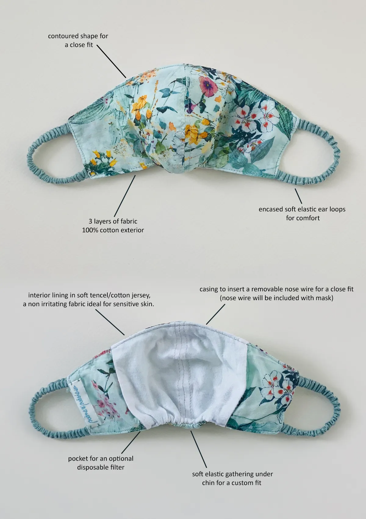 "Be Safe. Be Kind" Printed Heirloom Mask - Blue Wildflower