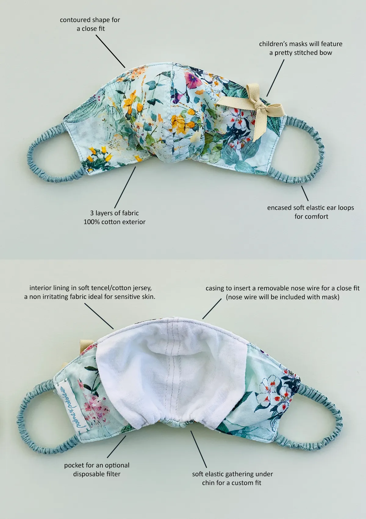"Be Safe. Be Kind" Printed Heirloom Mask - Mint Wildflower