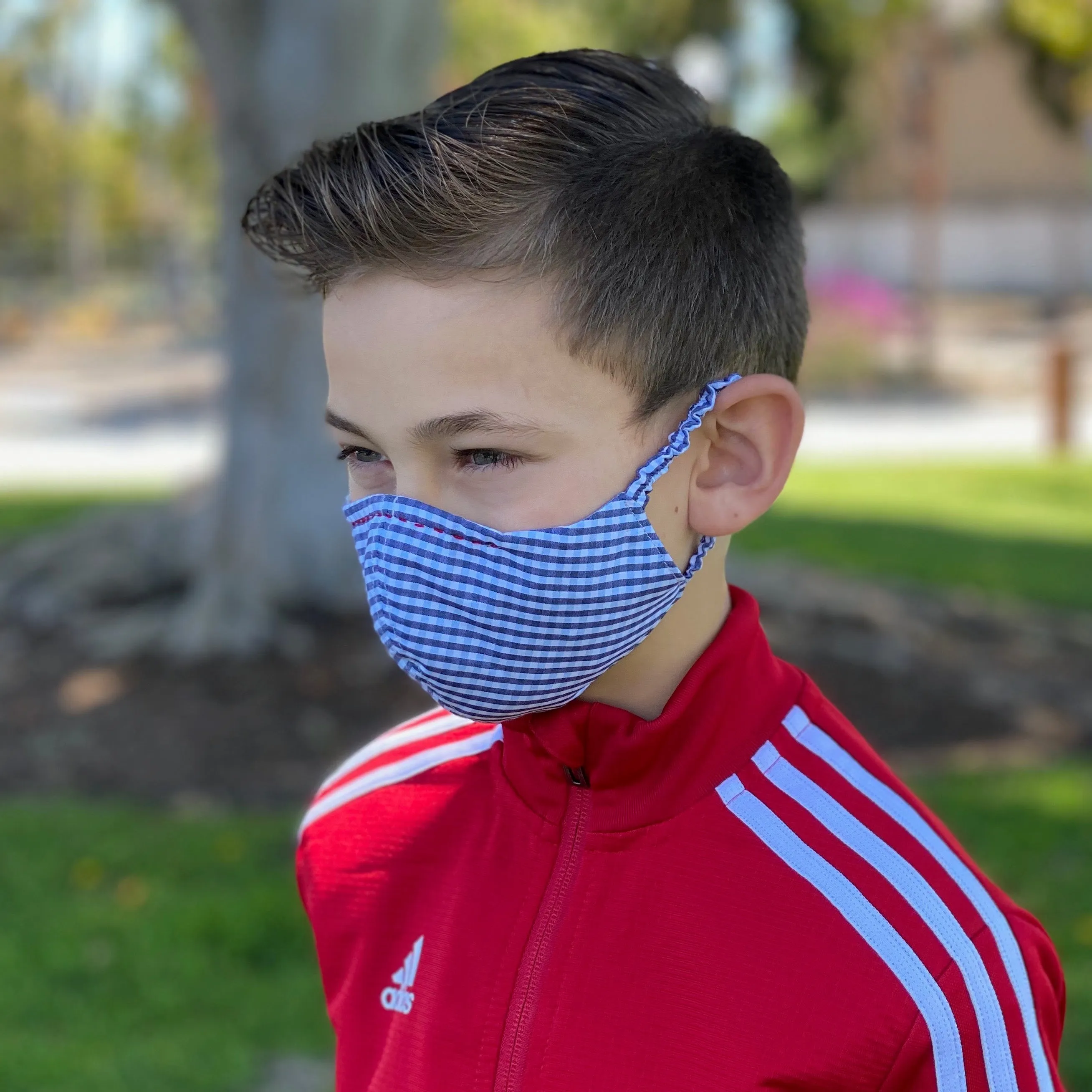 "Be Safe. Be Kind" Printed Heirloom Mask - Red & Blue Swiss Dots