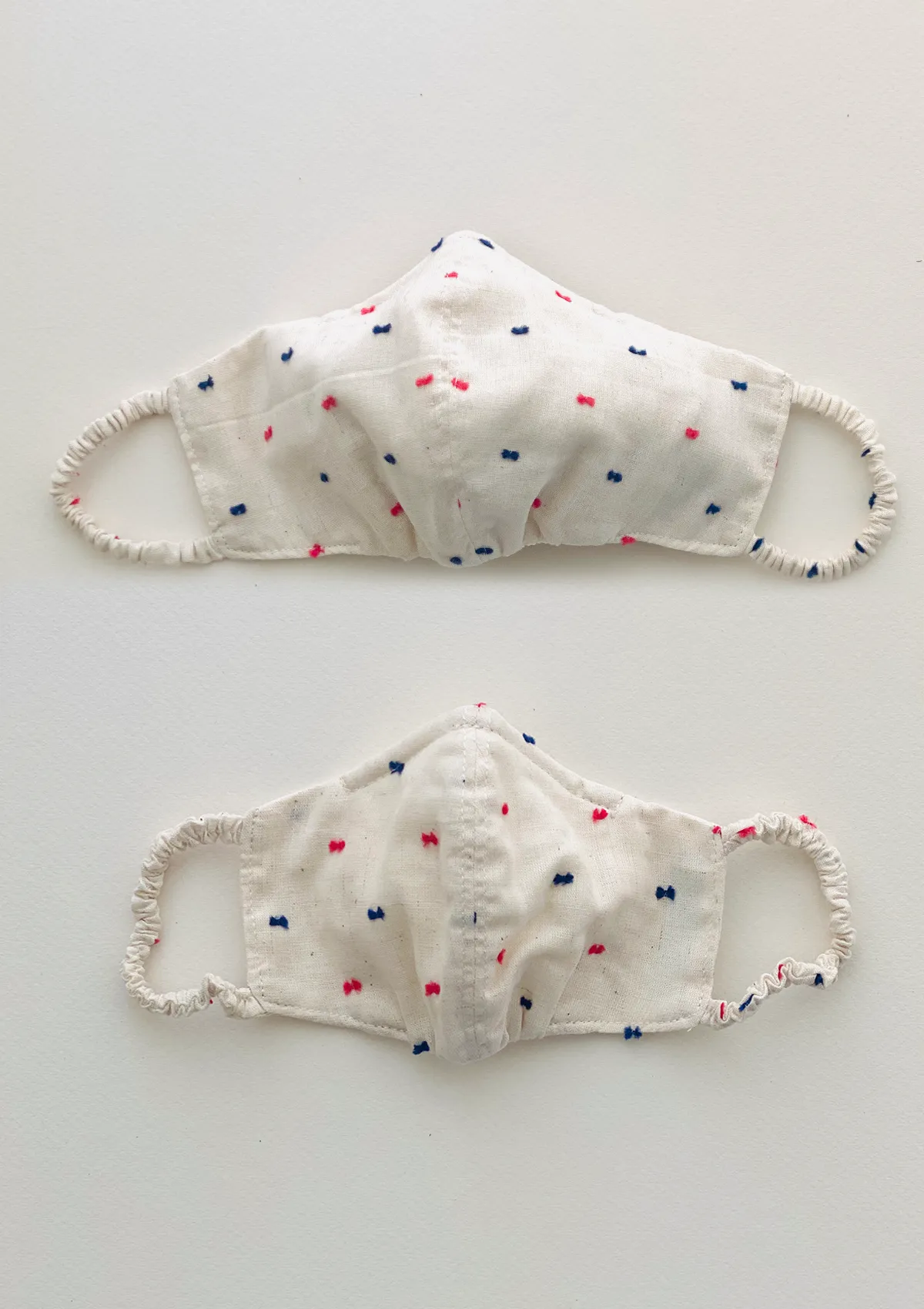 "Be Safe. Be Kind" Printed Heirloom Mask - Red & Blue Swiss Dots