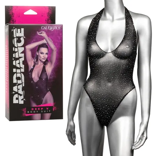 Radiance DEEP V BODYSUIT Black Teddy with Sparkling Rhinestones One Size