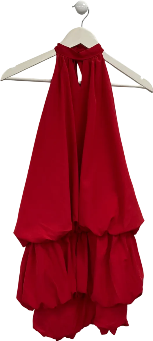 Red Casual Backless Gathered Waist Bud Dress With Neck Strap UK L