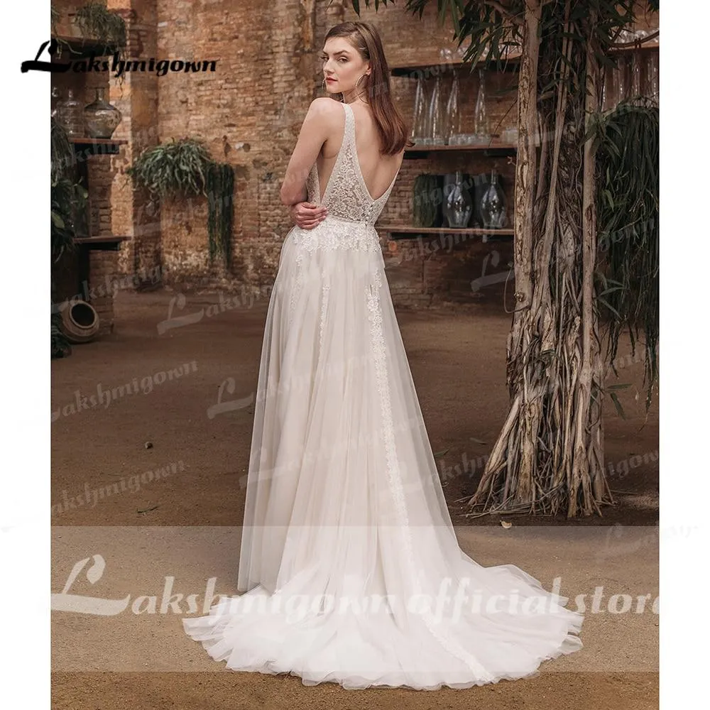 Roycebridal 2021 Beach Boho Deep V Neck Sleeveless Sexy High Split Lace Wedding Dresses