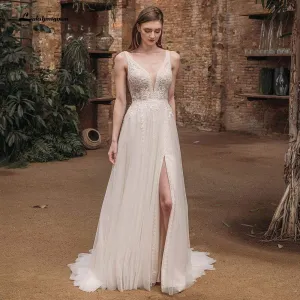 Roycebridal 2021 Beach Boho Deep V Neck Sleeveless Sexy High Split Lace Wedding Dresses
