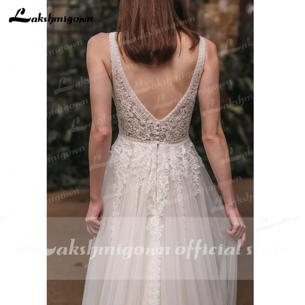 Roycebridal 2021 Beach Boho Deep V Neck Sleeveless Sexy High Split Lace Wedding Dresses