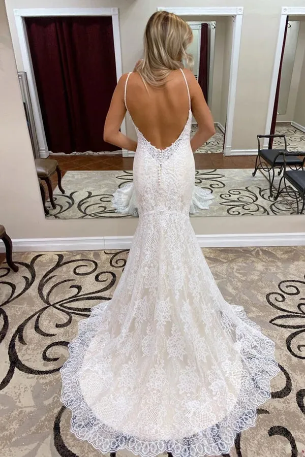 Roycebridal Spaghetti Straps Trumpet/Mermaid Lace Bridal Gonws Backless Wedding Dress,MW500