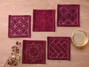 Sashiko Tsu Smpler Coasters Deep Red