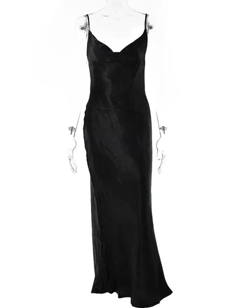 Satin Spaghetti Strap Backless - Chic Maxi Dress