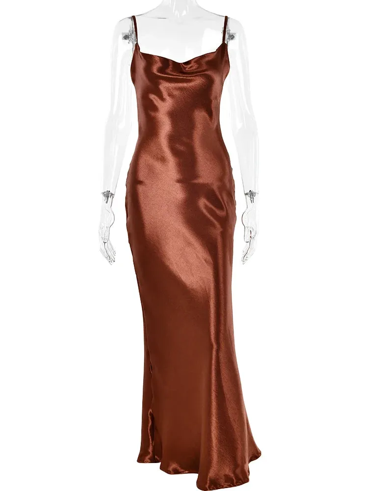 Satin Spaghetti Strap Backless - Chic Maxi Dress