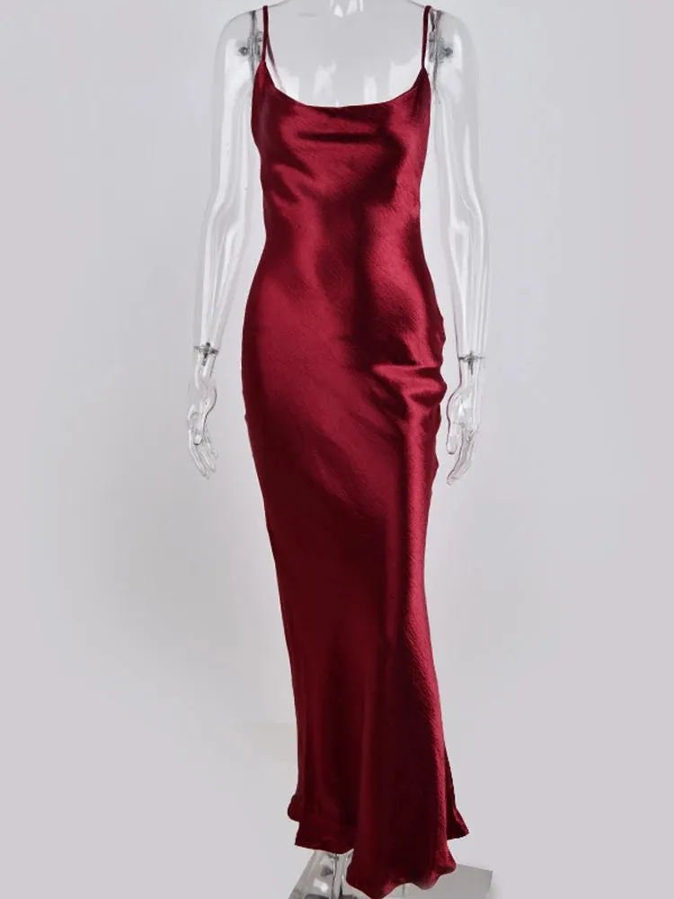 Satin Spaghetti Strap Backless - Chic Maxi Dress