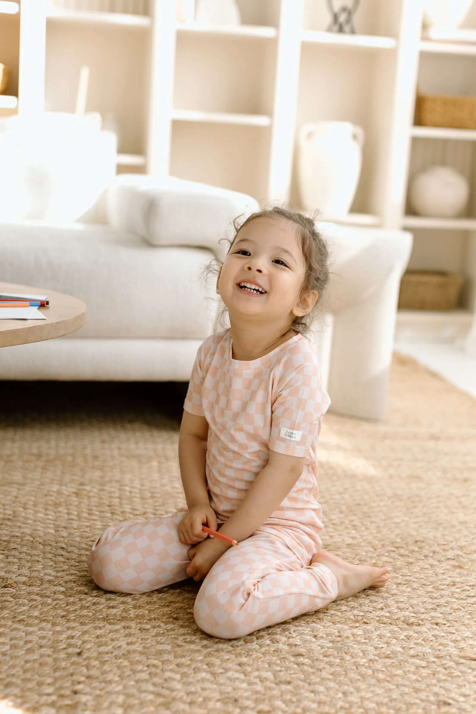 Short Sleeve Long Pants Pajama Set - Pink Checkerboard
