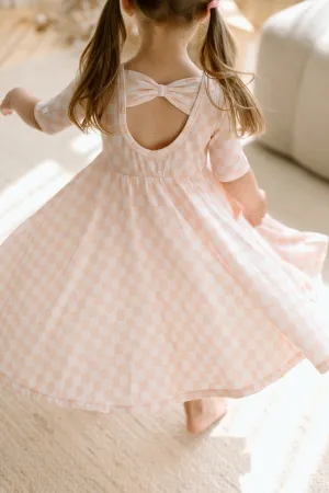 Short Sleeve Skater Dress - Pink Checkerboard