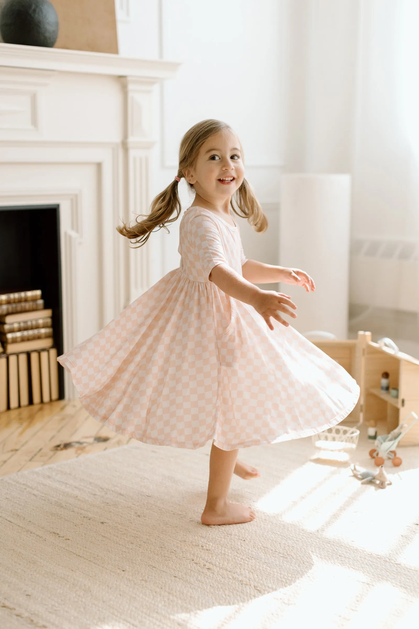 Short Sleeve Skater Dress - Pink Checkerboard