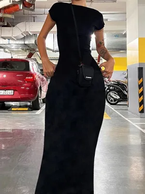 Solid Backless Skinny Sexy Short Sleeve Long Dress - Women Elegant Fashion Spring Summer Vacation Outfits