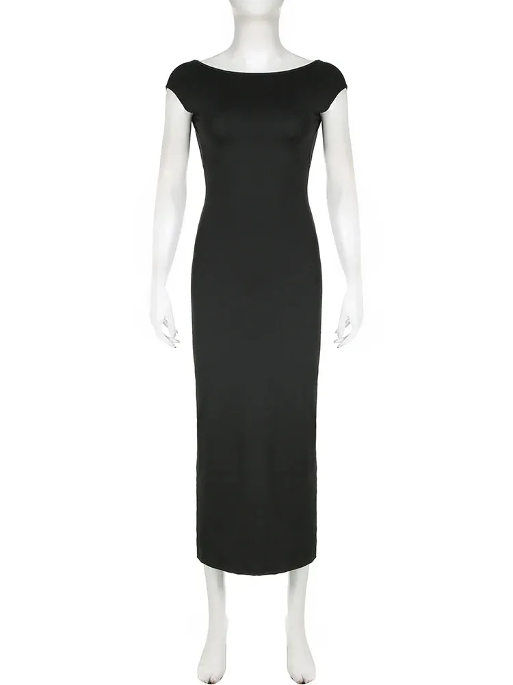Solid Backless Skinny Sexy Short Sleeve Long Dress - Women Elegant Fashion Spring Summer Vacation Outfits