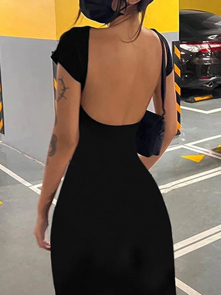 Solid Backless Skinny Sexy Short Sleeve Long Dress - Women Elegant Fashion Spring Summer Vacation Outfits