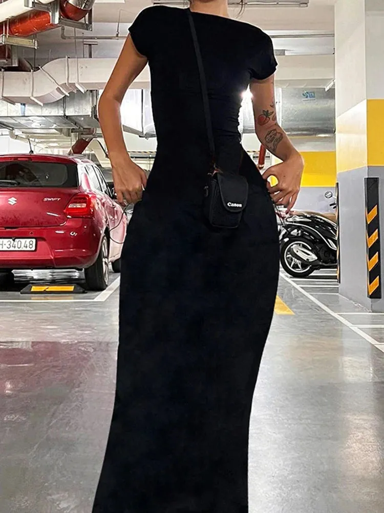Solid Backless Skinny Sexy Short Sleeve Long Dress - Women Elegant Fashion Spring Summer Vacation Outfits