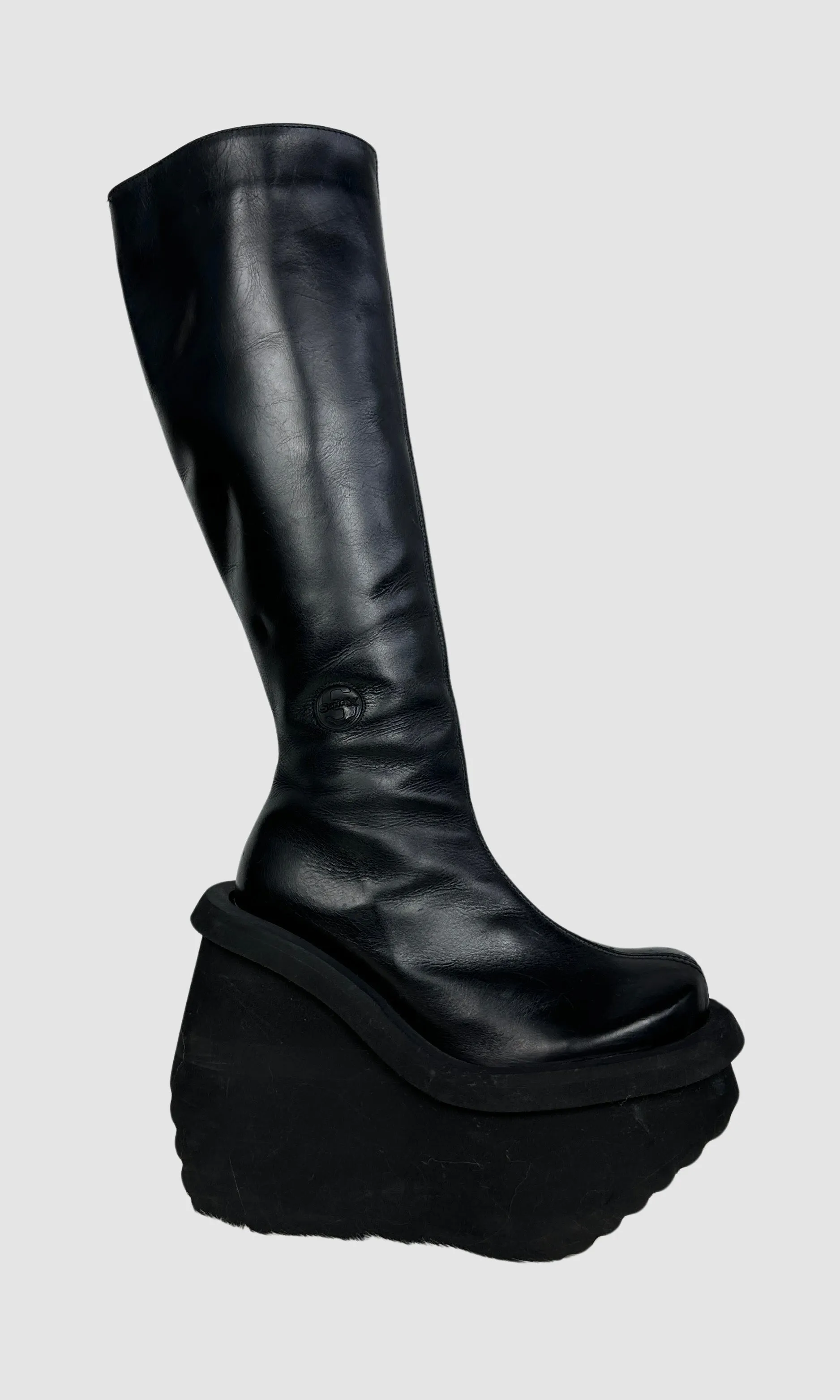 SONAX 90s Black Leather Mega Platform Fitted Boots • Size 8