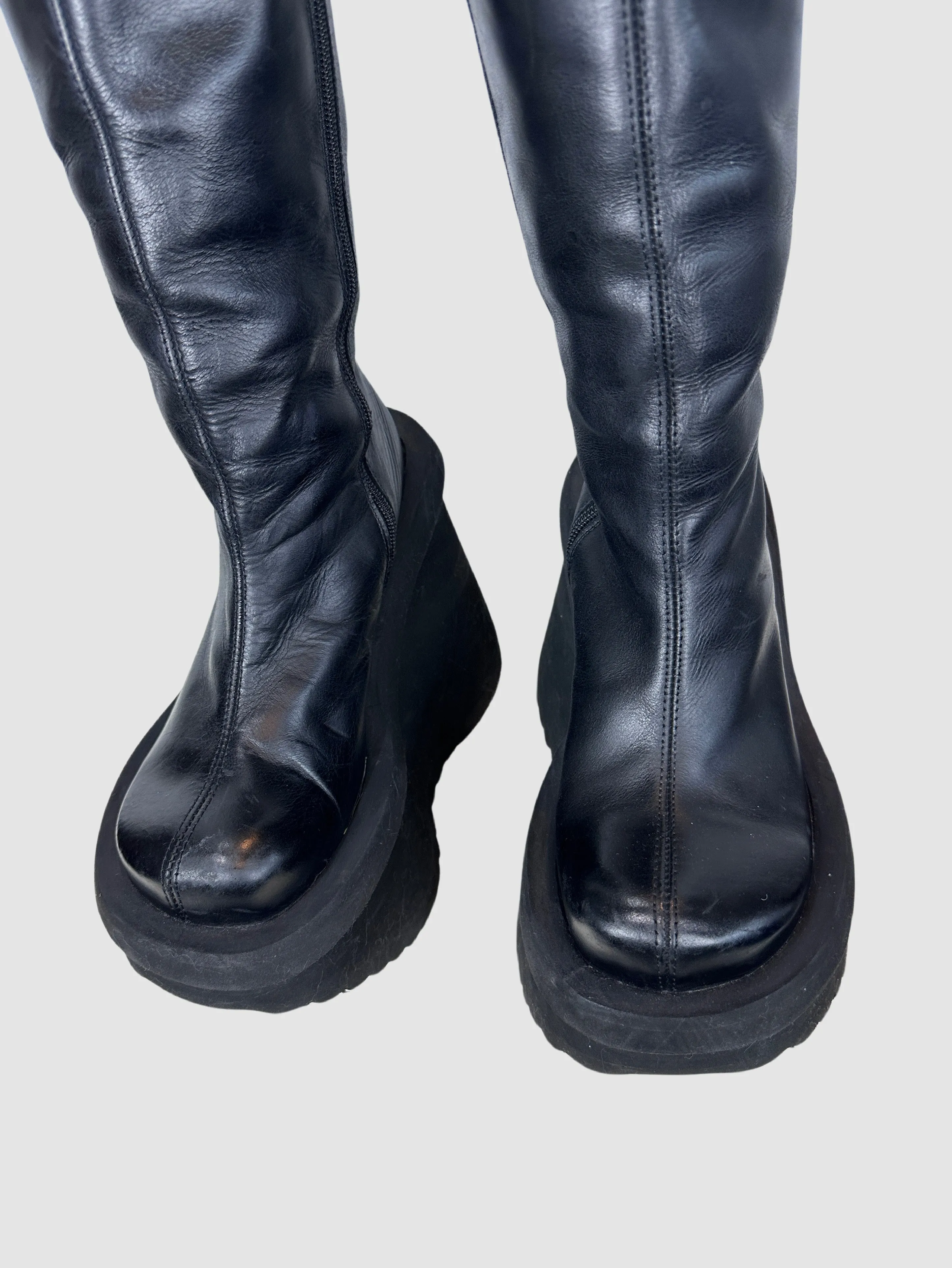 SONAX 90s Black Leather Mega Platform Fitted Boots • Size 8