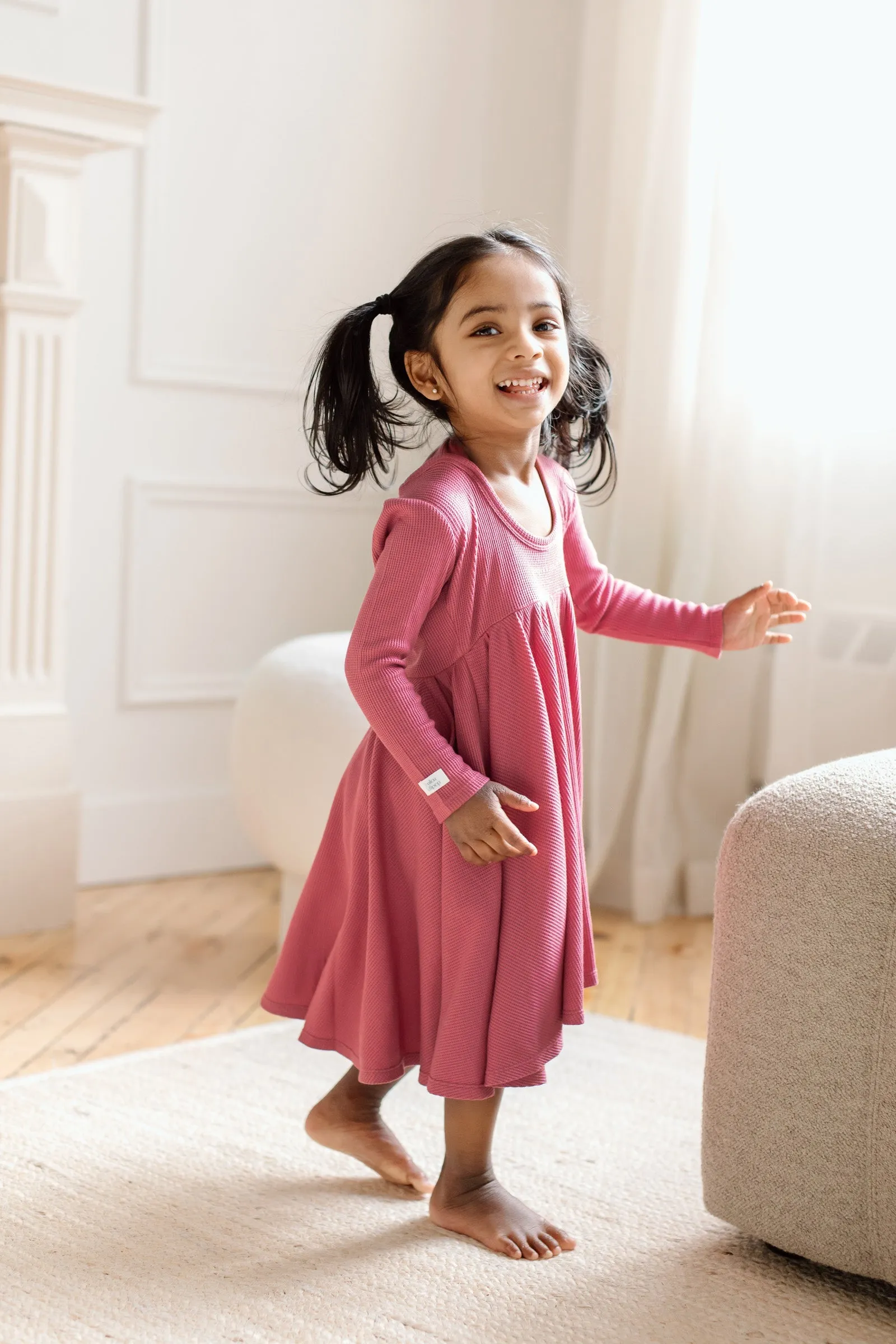 Waffle Long Sleeve Skater Dress - Mauvewood