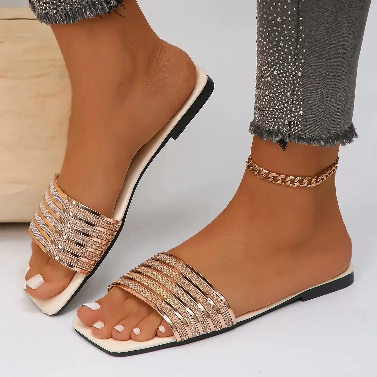 Women Luxury Flats Slippers  Square Toe Flats Slides Sandals Non Slip Beach Big Size Slippers Woman Slides Women