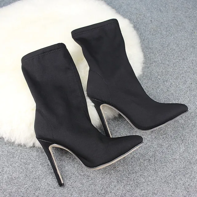 Women Shoes Pointed Toe Elastic Boots Candy Color Cloth Boots High Heel Socks Boots Thin High Heels Women Pumps Size 35-43